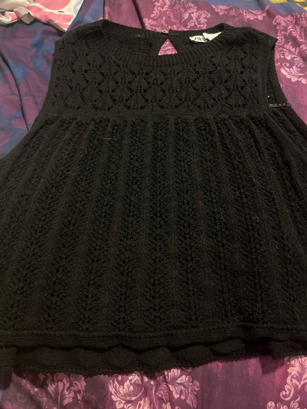 Zara Black Sleeveless Knit Lace-Pattern Top
